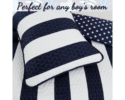 FaFurn 3-Piece Full/Queen Size Reversible Stars Quilt Set - Navy Blue/White, Cotton