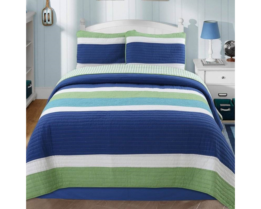 FaFurn Full/Queen Size Quilt Set - Navy Blue/Green, Cotton