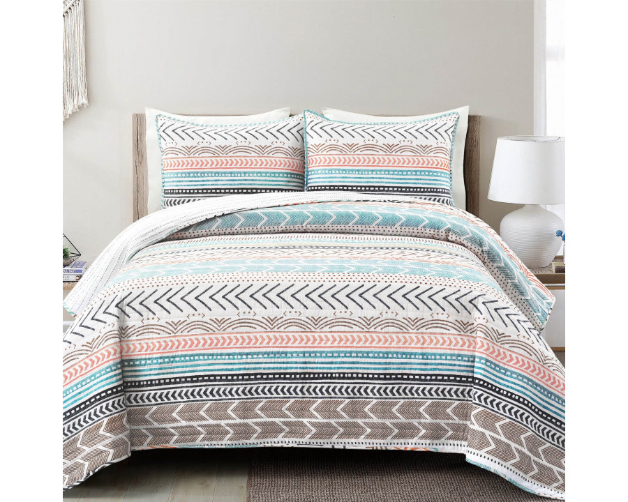 FaFurn Full/Queen Size Scandinavian Reversible Quilt Set - Teal White/Orange, Cotton