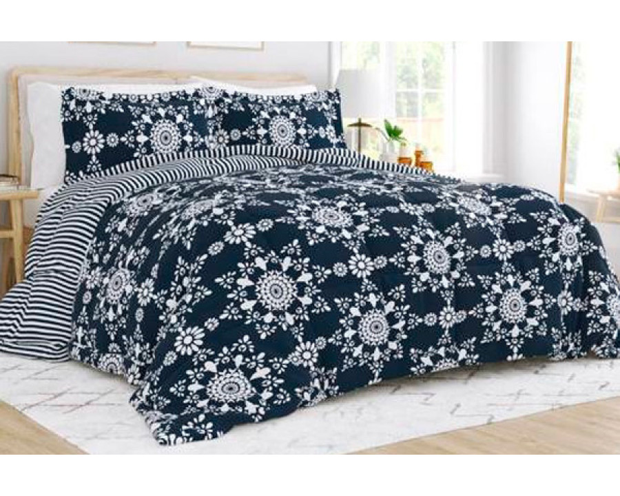 FaFurn Full/Queen Size 3-Piece Striped Reversible Comforter Set - Navy Blue/White, Microfiber/Polyester