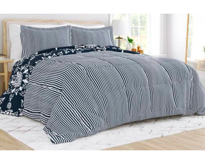 FaFurn Full/Queen Size 3-Piece Striped Reversible Comforter Set - Navy Blue/White, Microfiber/Polyester