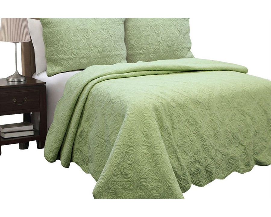 FaFurn - Full/Queen Green Cotton Quilt Bedspread with Scalloped Borders