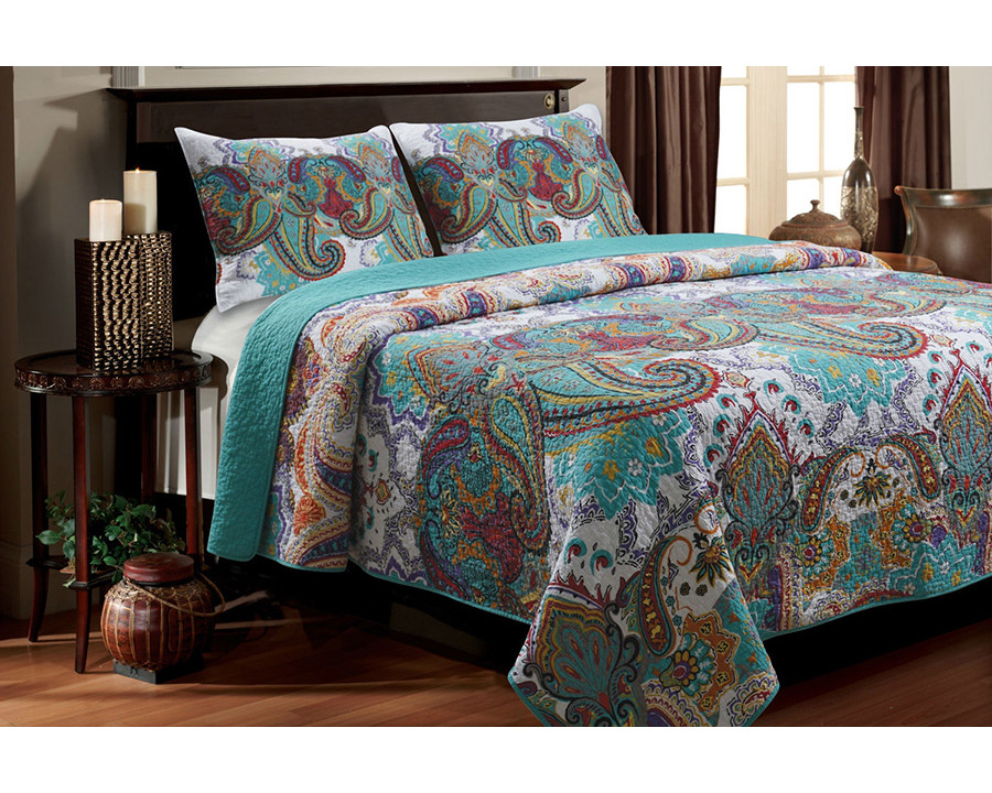 FaFurn 100% Cotton Quilt Set in Teal Paisley Pattern - King Size