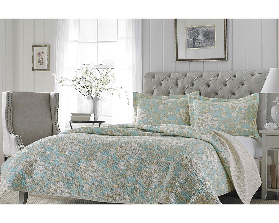 FaFurn - Full/Queen 3-Piece Cotton Quilt Set in Seafoam Blue Beige Floral Pattern