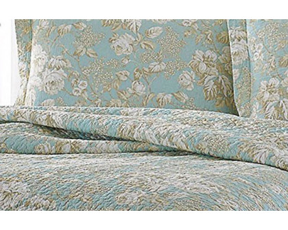 FaFurn - Full/Queen 3-Piece Cotton Quilt Set in Seafoam Blue Beige Floral Pattern