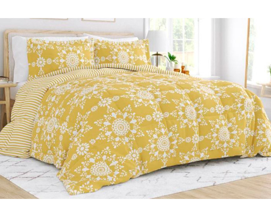 FaFurn Full/Queen Size 3-Piece Striped Floral Reversible Comforter Set - Yellow/White, Microfiber/Polyester