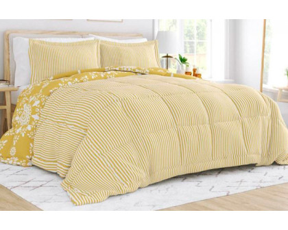 FaFurn Full/Queen Size 3-Piece Striped Floral Reversible Comforter Set - Yellow/White, Microfiber/Polyester