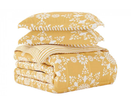 FaFurn Full/Queen Size 3-Piece Striped Floral Reversible Comforter Set - Yellow/White, Microfiber/Polyester