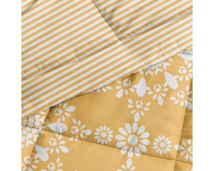 FaFurn Full/Queen Size 3-Piece Striped Floral Reversible Comforter Set - Yellow/White, Microfiber/Polyester