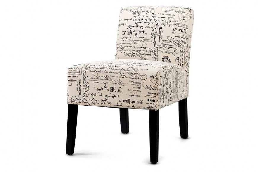 FaFurn™ - Modern Accent Chair Off-White French Cursive Pattern Upholstery with Black Wood Legs