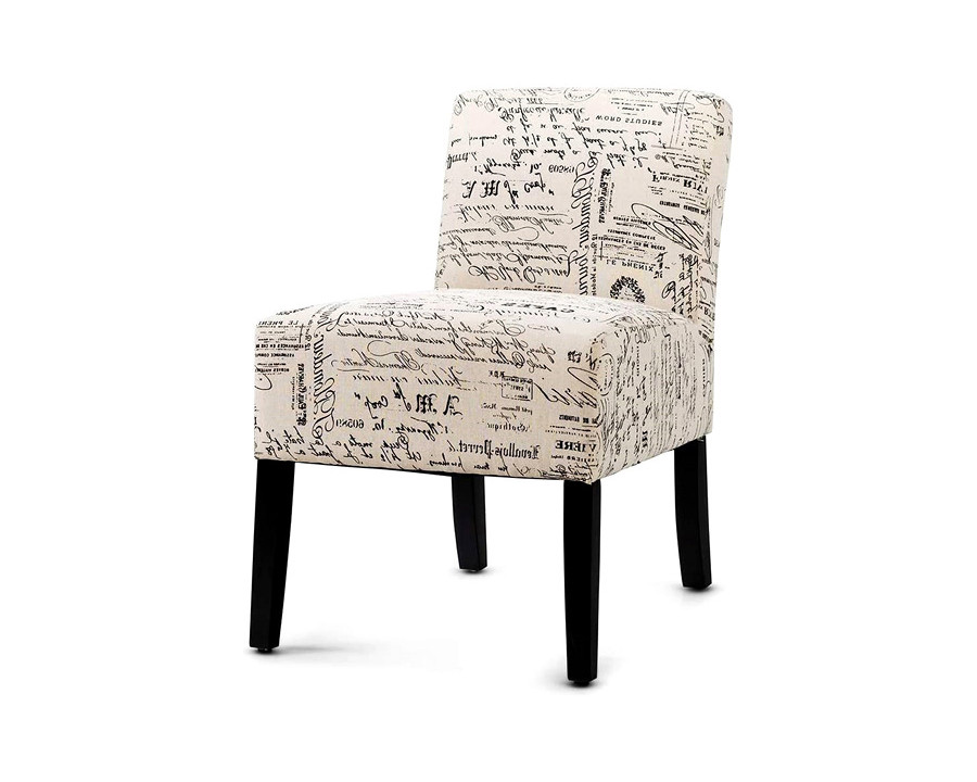 FaFurn - Modern Accent Chair Off-White French Cursive Pattern Upholstery with Black Wood Legs