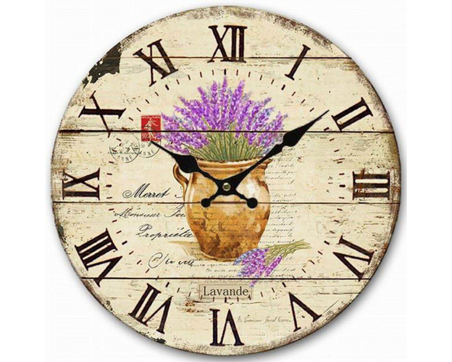 FaFurn - Decorative Wall Clock with Roman Numerals and French Lavender Pattern in Wood