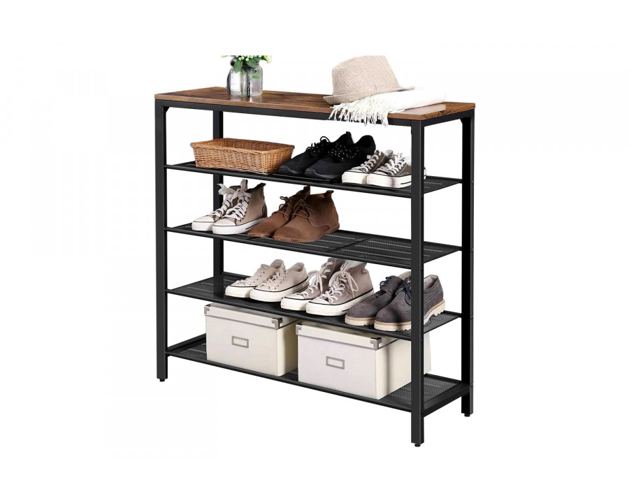 FaFurn - Modern Industrial Style 5-Tier Black Metal Shoe Rack with Brown Wood Top