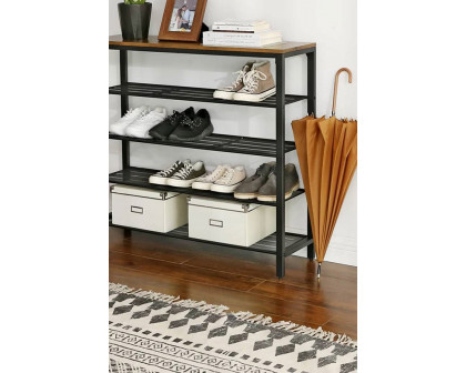 FaFurn - Modern Industrial Style 5-Tier Black Metal Shoe Rack with Brown Wood Top