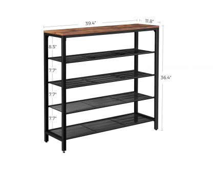 FaFurn - Modern Industrial Style 5-Tier Black Metal Shoe Rack with Brown Wood Top