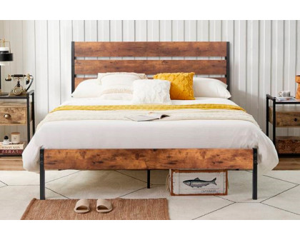 FaFurn - Industrial Platform Bed with Wood Slatted Headboard (BWPBHF4239587)