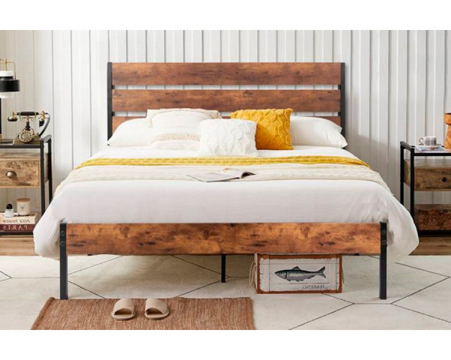 FaFurn Industrial Full Size Platform Bed with Wood Slatted Headboard - Brown, Wood