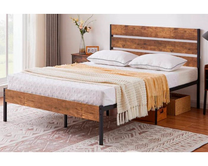 FaFurn Industrial Full Size Platform Bed with Wood Slatted Headboard - Brown, Wood