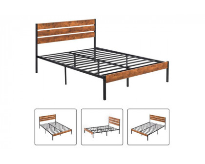 FaFurn Industrial Full Size Platform Bed with Wood Slatted Headboard - Brown, Wood