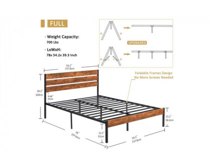 FaFurn Industrial Full Size Platform Bed with Wood Slatted Headboard - Brown, Wood