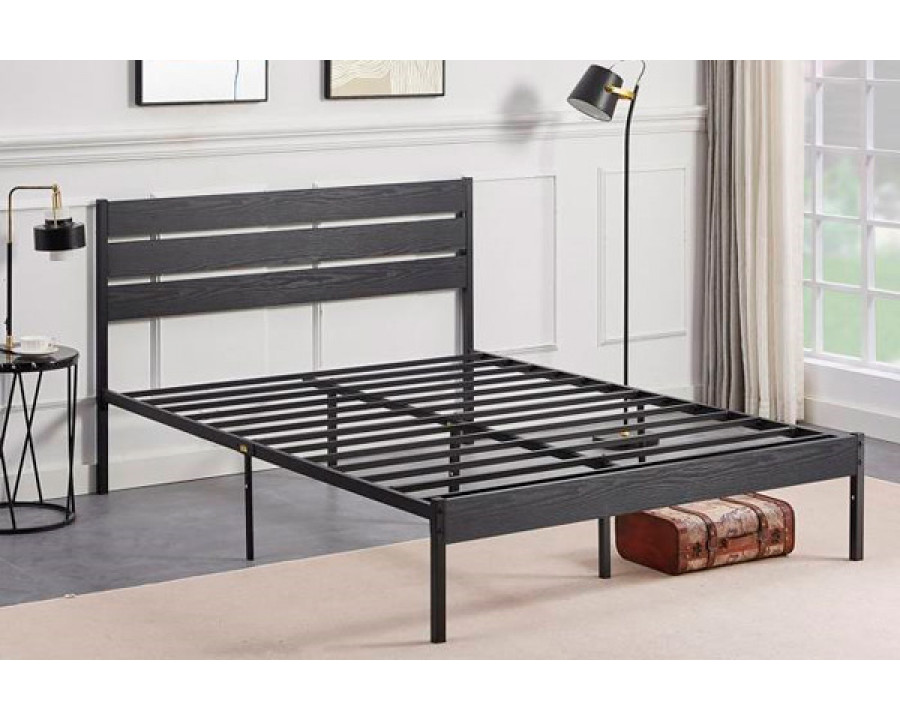 FaFurn Industrial Full Size Platform Bed with Wood Slatted Headboard - Black, Wood