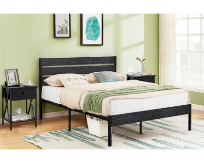 FaFurn Industrial Full Size Platform Bed with Wood Slatted Headboard - Black, Wood