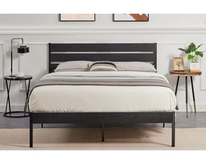 FaFurn Industrial Full Size Platform Bed with Wood Slatted Headboard - Black, Wood