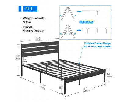 FaFurn Industrial Full Size Platform Bed with Wood Slatted Headboard - Black, Wood