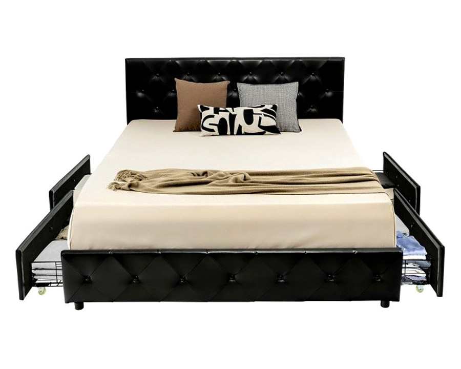 FaFurn Pu Leather Button Tufted Platform Bed with 4 Storage Drawers - Black, Full Size