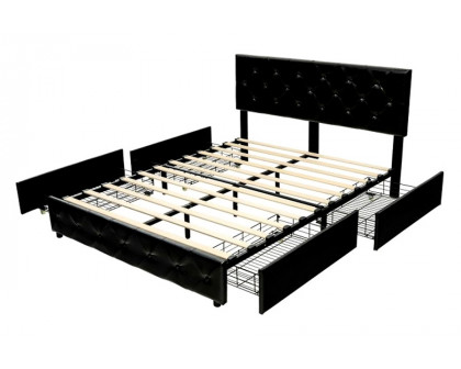 FaFurn - Pu Leather Button Tufted Platform Bed with 4 Storage Drawers