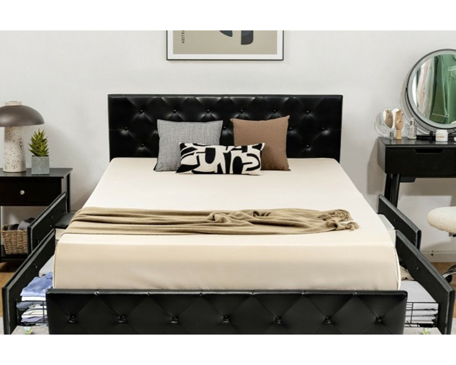 FaFurn - Pu Leather Button Tufted Platform Bed with 4 Storage Drawers