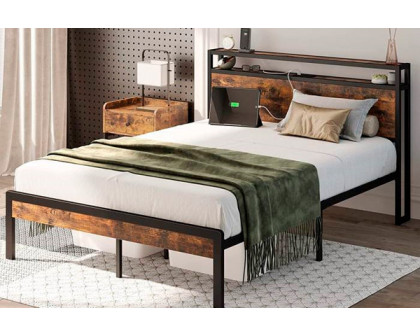 FaFurn - Industrial Platform Bed with Storage Headboard