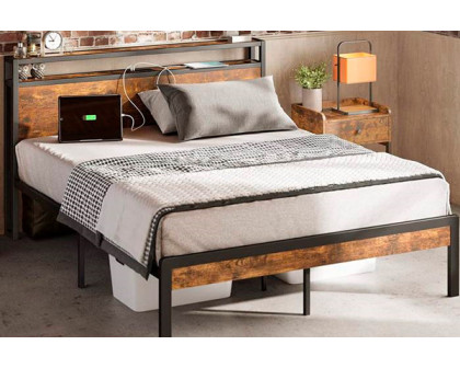 FaFurn Industrial Full Size Platform Bed with Storage Headboard - Black/Walnut, Metal/Wood