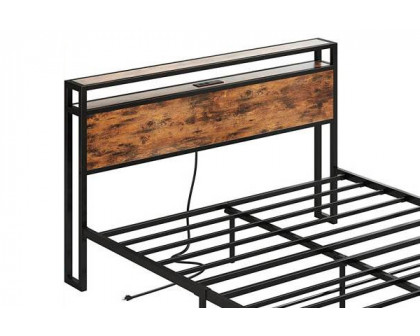 FaFurn Industrial Full Size Platform Bed with Storage Headboard - Black/Walnut, Metal/Wood