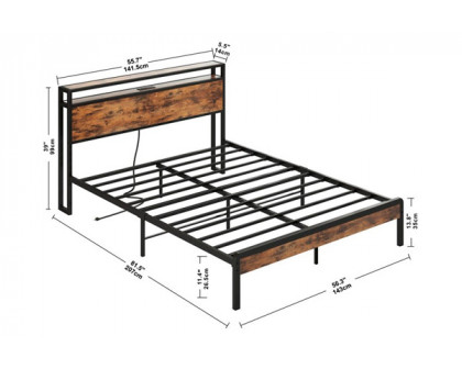 FaFurn Industrial Full Size Platform Bed with Storage Headboard - Black/Walnut, Metal/Wood