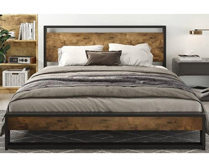 FaFurn Modern Farmhouse Platform Bed Frame with Wood Panel Headboard Footboard - Wood/Black, Full Size