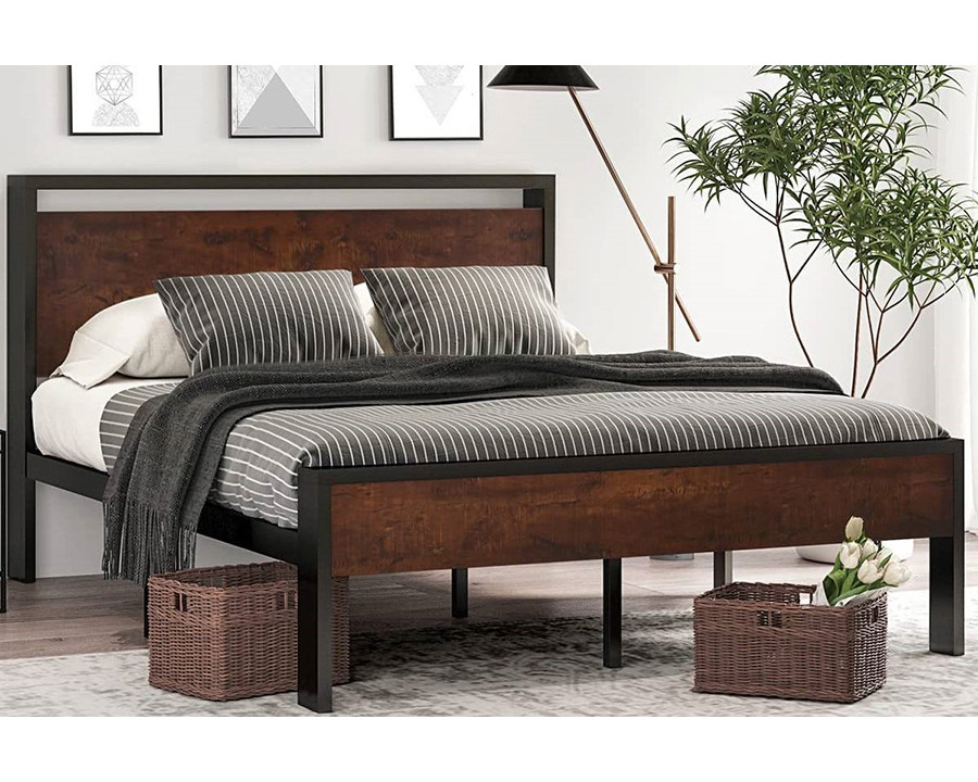 FaFurn Modern Farmhouse Platform Bed Frame with Wood Panel Headboard Footboard - Mahogany/Black, Full Size