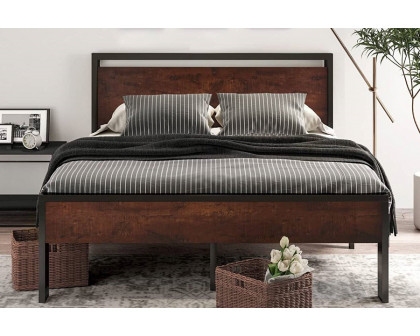 FaFurn Modern Farmhouse Platform Bed Frame with Wood Panel Headboard Footboard - Mahogany/Black, Full Size