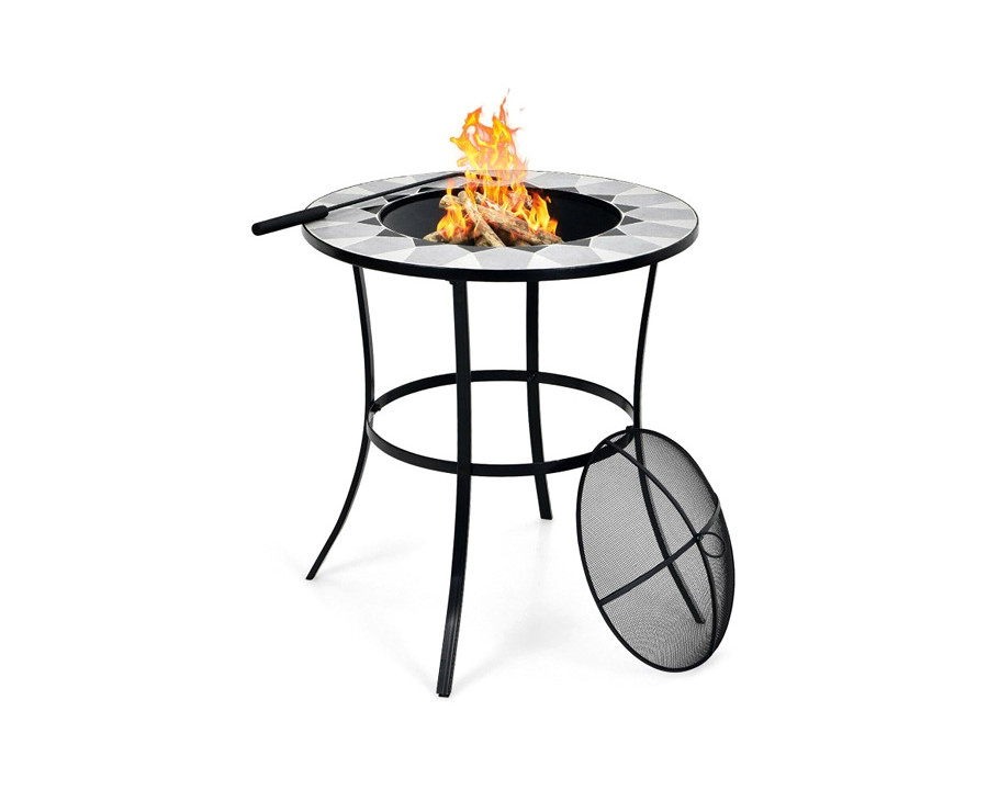 FaFurn Portable Round Fire Pit Table with Mesh Cover and Fire Poker