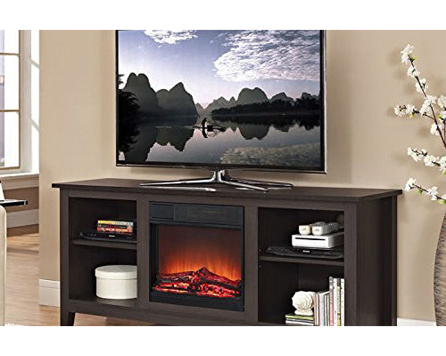 FaFurn - Espresso Wood TV Stand with Electric Fireplace Heater Insert