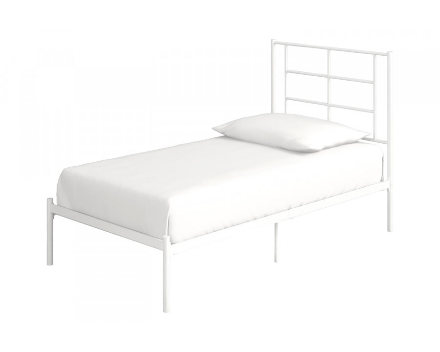 FaFurn Twin Size Modern White Metal Platform Bed with Geometric Headboard - White