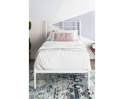 FaFurn Twin Size Modern White Metal Platform Bed with Geometric Headboard - White