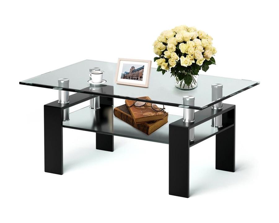 FaFurn Modern 2 Tier Glass Coffee Table with Black Metal Legs