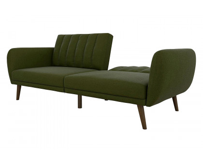 FaFurn - Green Linen Upholstered Futon Sofa Bed with Mid-Century Style Wooden Legs