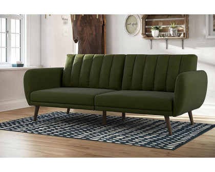 FaFurn - Green Linen Upholstered Futon Sofa Bed with Mid-Century Style Wooden Legs