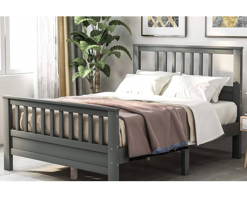 FaFurn Pine Wood Slatted Platform Headboard Footboard Full Size Bed - Gray