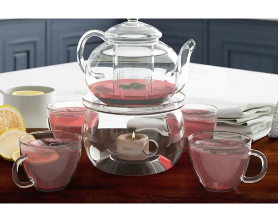 FaFurn - 6-Piece Glass Tea Pot Set with 4 Cups Teapot Warmer and Infuser