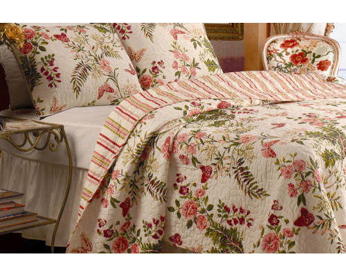 FaFurn 3-Piece Cotton Quilt Set in Pink/Beige Floral Butterflies - Full/Queen Size