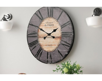 FaFurn Oversized Distressed Paris Wood Wall Clock - Gray