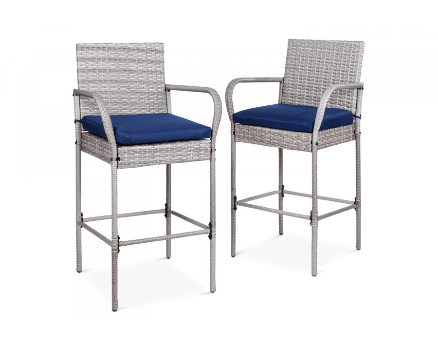 FaFurn Indoor/Outdoor Wicker Bar Stools with 2 Cushions (Set of 2) - Gray/Blue